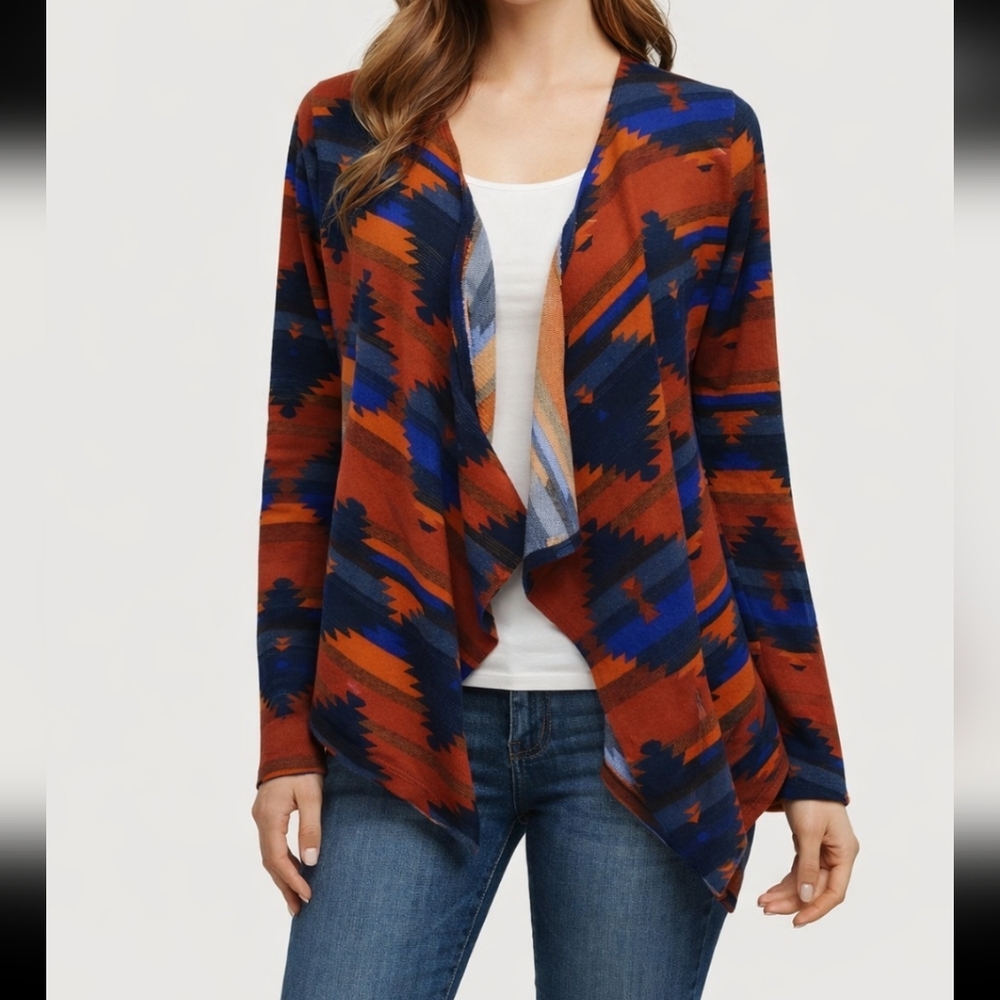 Aztec Print Open Front Cardigan Orange Navy Blue Geometric Tribal Boho Layering